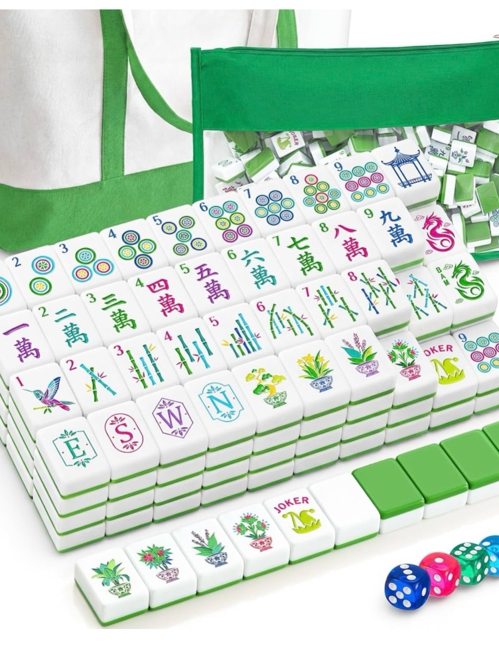 168 Green Mahjong Tile Set including tote bag and tile bag